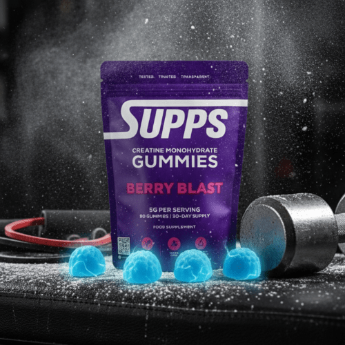 Supps Creatine Gummies glowing on weight bench
