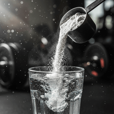 Pouring creatine powder in to a glass of water