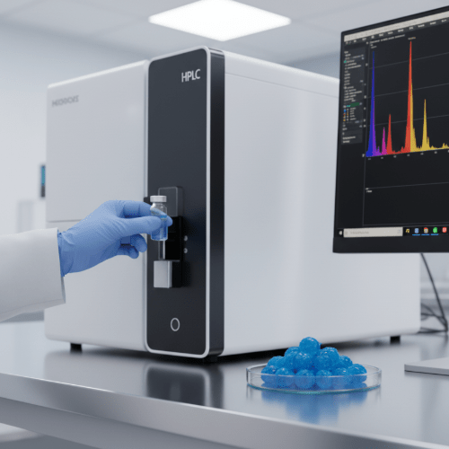 Ultra-realistic laboratory scene showing the HPLC (High-Performance Liquid Chromatography) process in action. A sleek white HPLC machine sits on a clean lab bench, 
