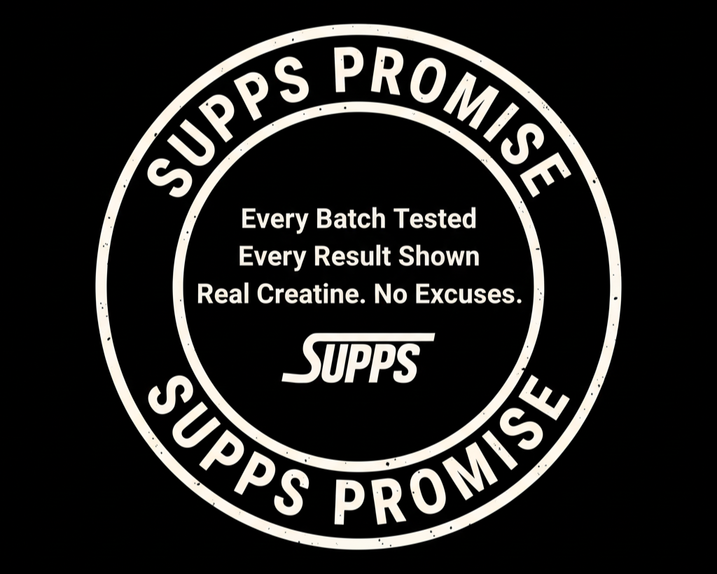 Circular logo with 'SUPPS PROMISE' text on a black background