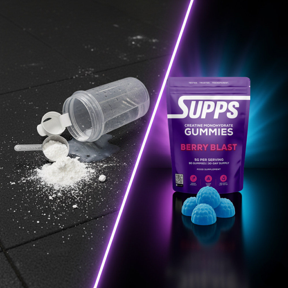 SUPPS Berry Blast Gummies packaging with gummy bears and a scoop of powder on a black and purple gradient background.