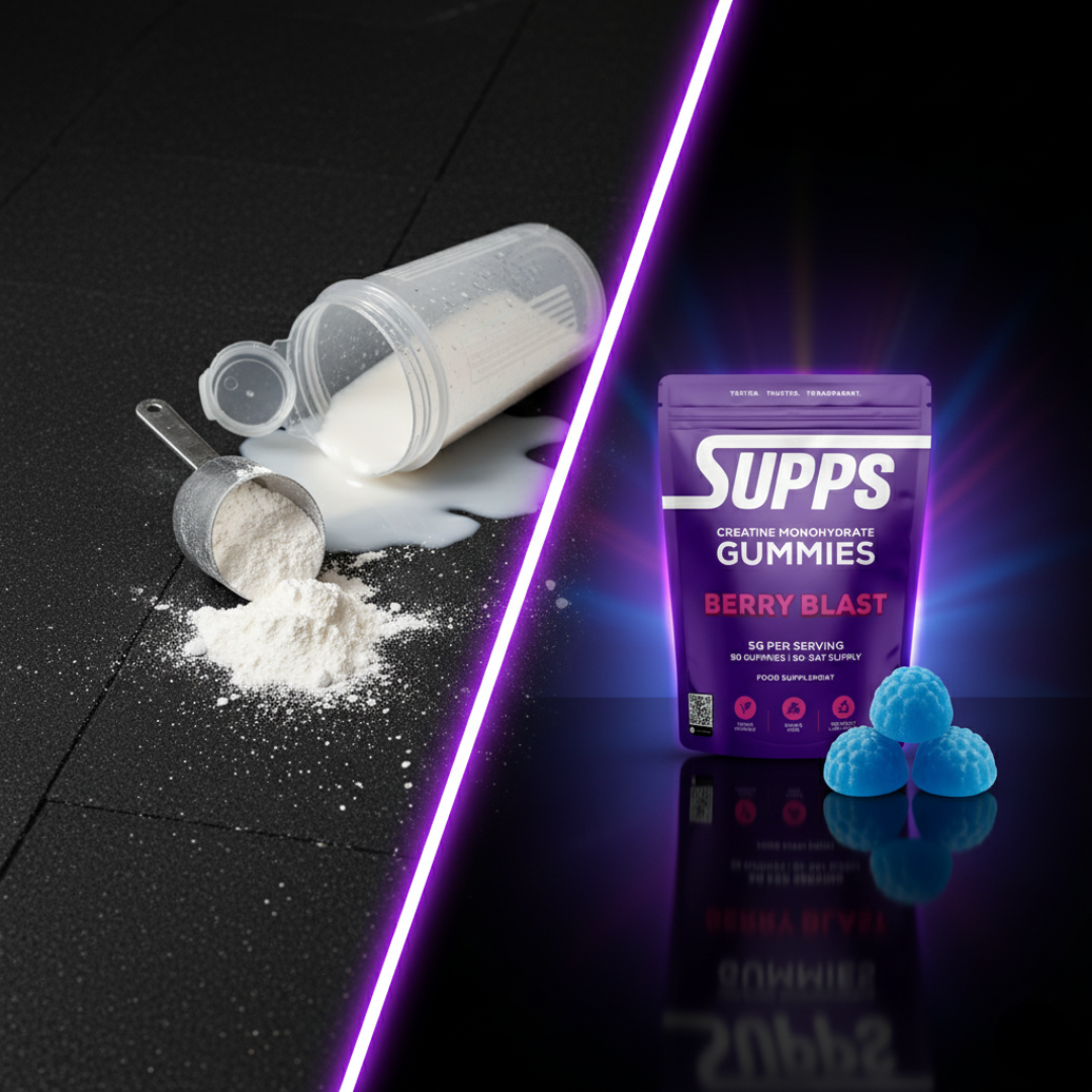 Supps Berry Blast gummies packaging with a scoop of powder on a black surface.