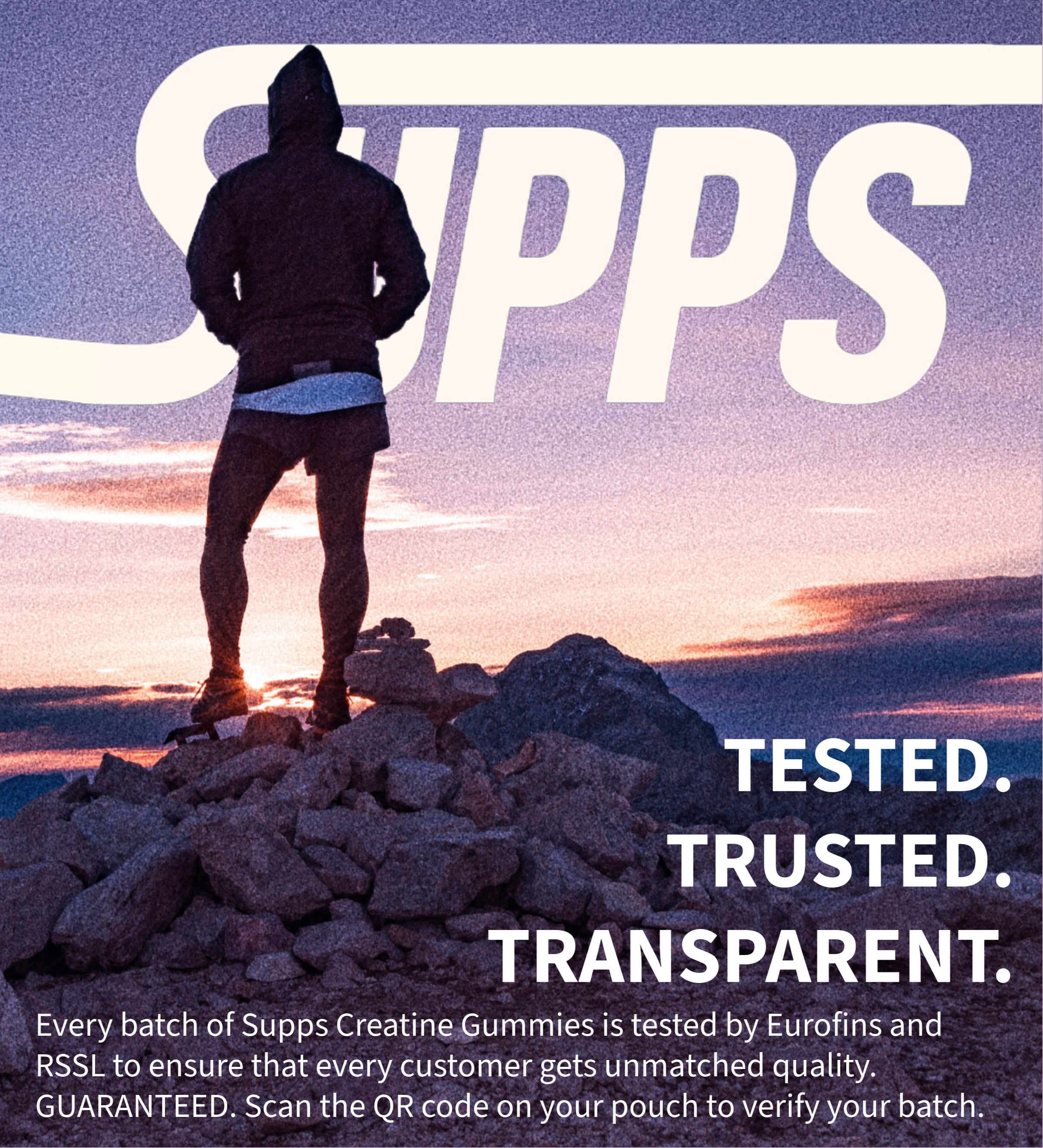 Supps product packaging with a person standing on rocks at sunset and certification document on the left.