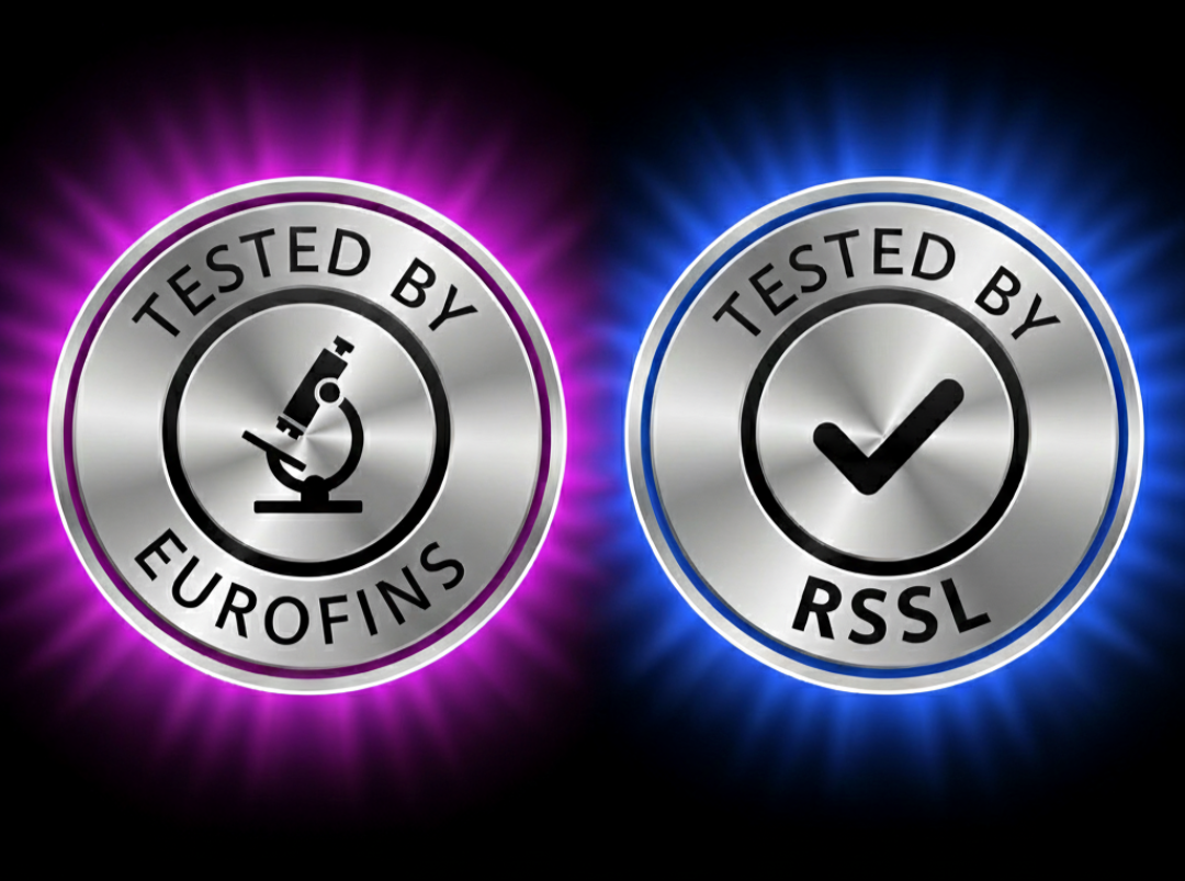 Two silver badges with 'Tested by Eurofins' and 'Tested by RSSL' on a black background with colorful radiating lights.
