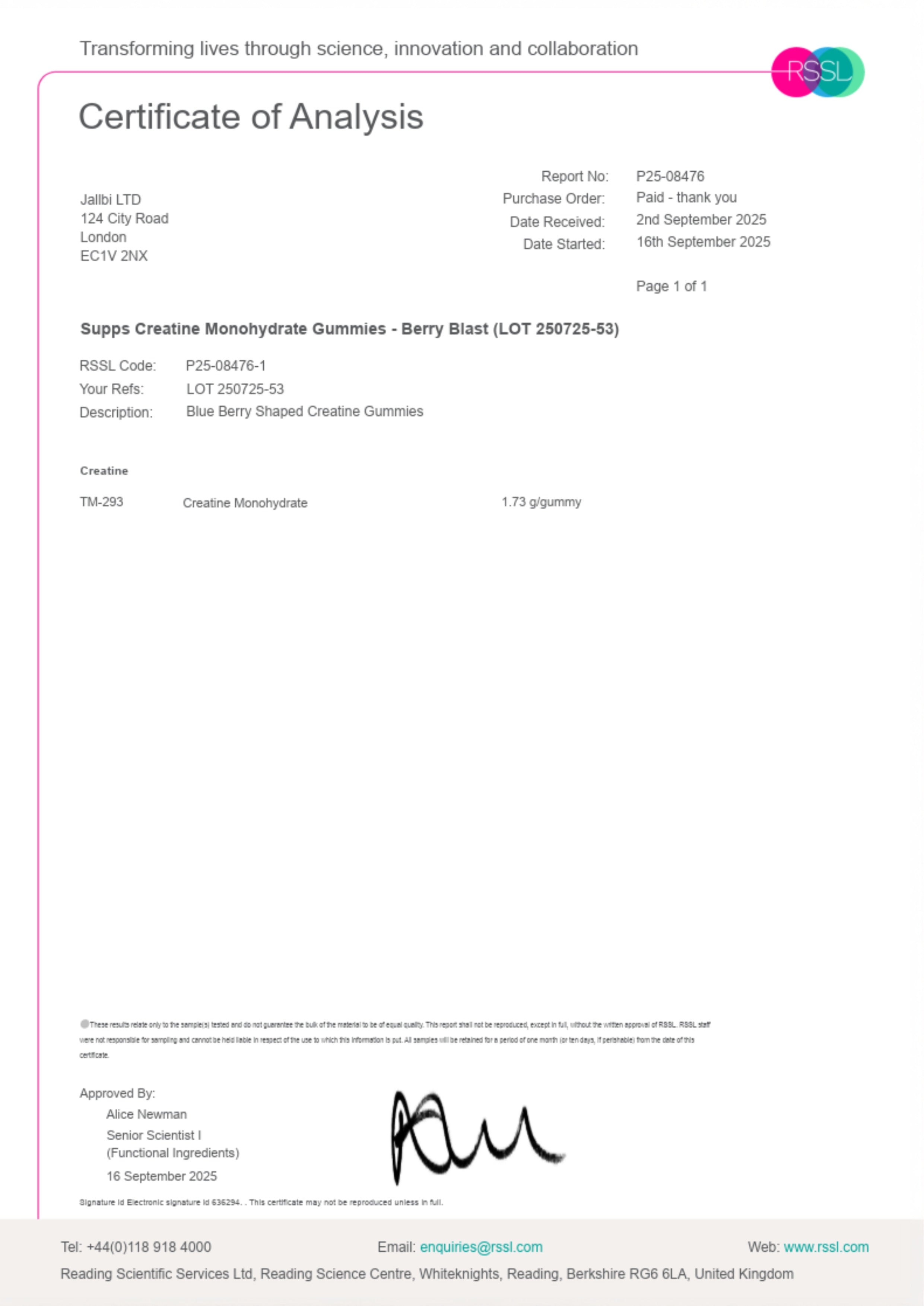 Certificate of Analysis for Sugars Creative Monodose Gummies with a pink border and logo.