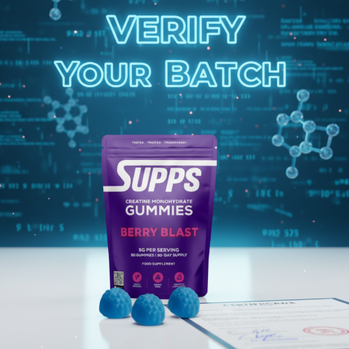 Supps Berry Blast gummies packaging with a digital background